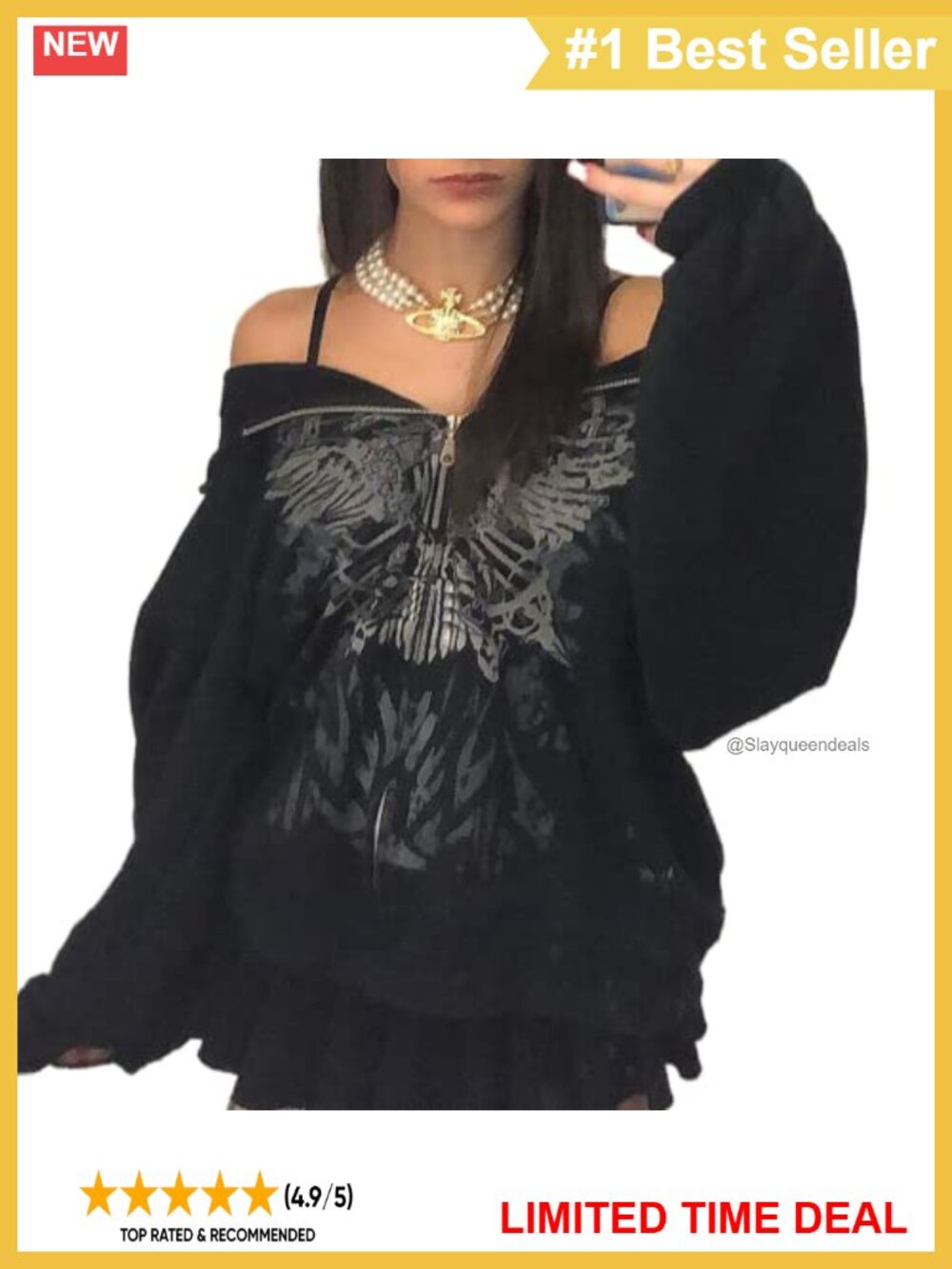 Y2K Oversized Zip Up Hoodie Skull Star Print Long Sleeve Punk Grunge Sweatshirt